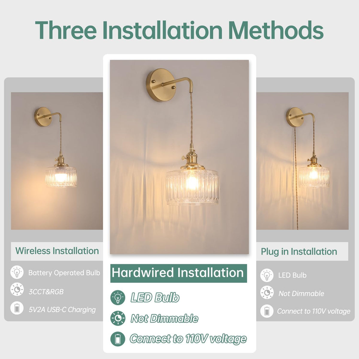 Shenmoyl Battery Operated Wall Sconce with Green Striped Shade Pattern Glass Adjustable Chain Retro Gold Wall Mounted Light, Modern Wall Lamp Fixtures Decor for Bedside Bedroom Indoor Doorway
