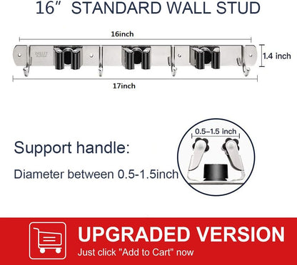IMILLET 2 Pack Broom Holder Wall Mount Stainless Steel Mop Organizer | 5 Racks 4 Hooks Heavy Duty Garage Organization Storage,Broom and Mop Organizer Wall Hanging Self Adhesive for Laundry Room