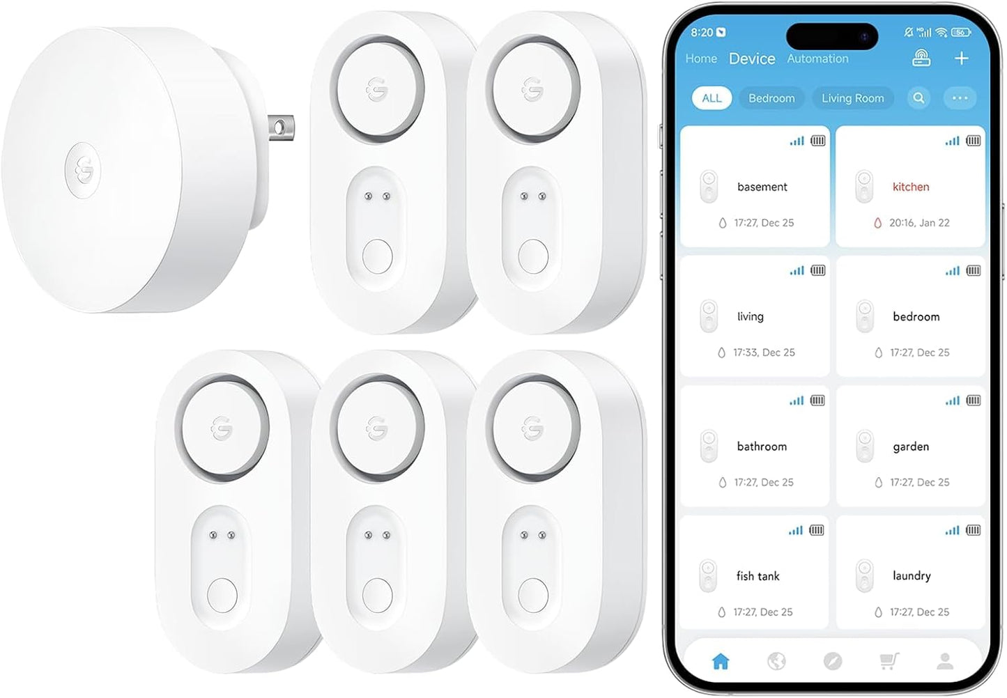 GoveeLife Upgraded Smart Water Leak Detector 1s with High Alarm, 4 Pack | 1804ft Ultra-Long Range, WiFi Water Sensor with SMS/Email/APP Push, 5Yr Battery Life,IP67, Suit for Home, Basement, Kitchen