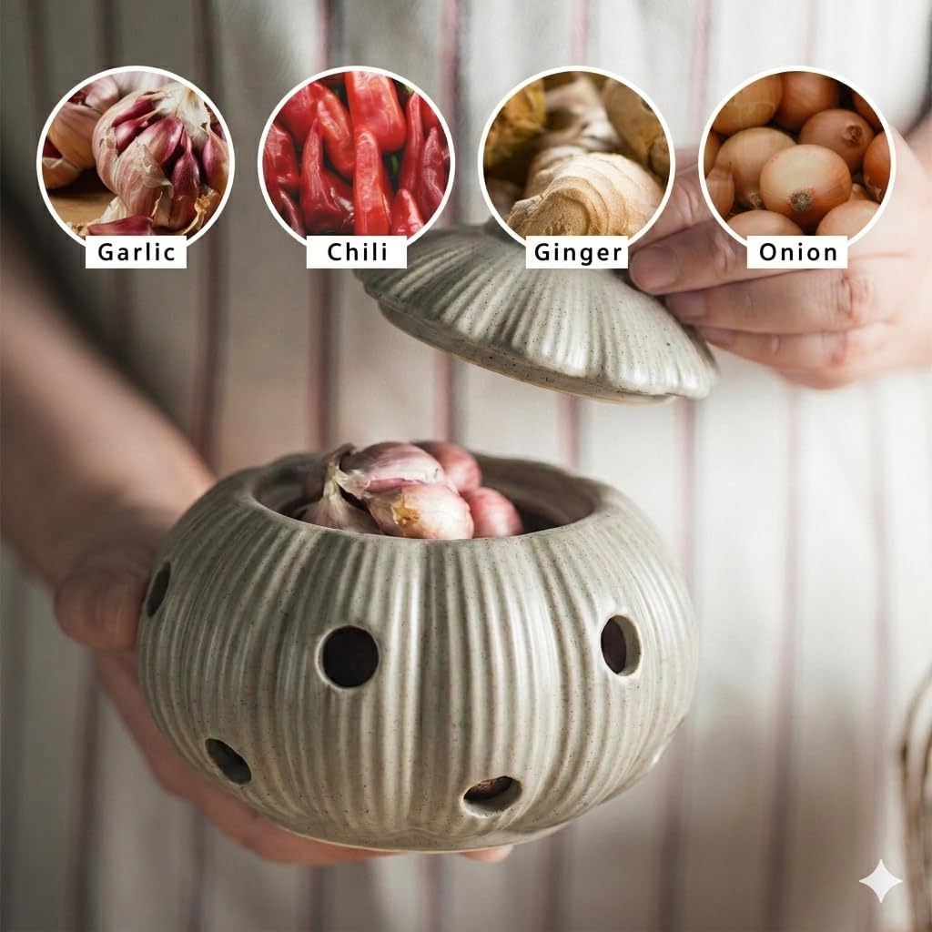 Garlic Storage Pod Ceramic Garlic Keeper with Lid Large Garlic Container for Counter, White