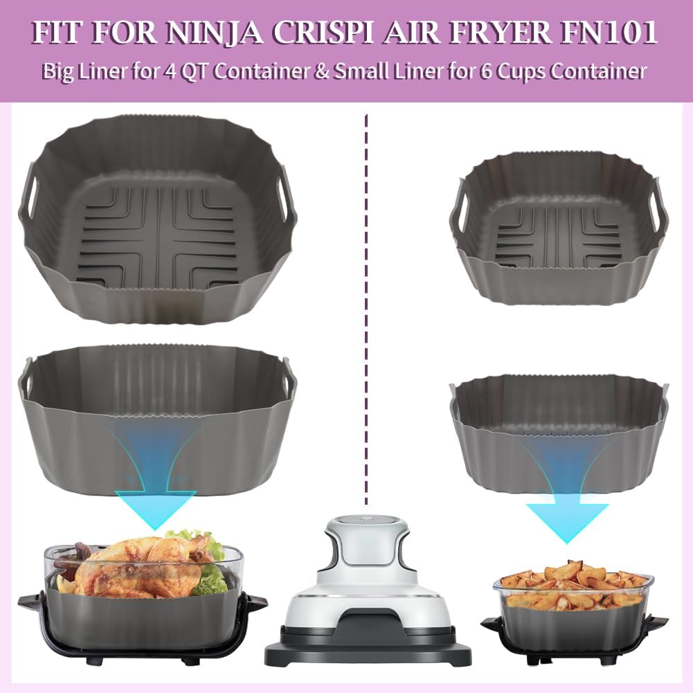 YQL 2PCS Silicone Air Fryer Liners for Ninja Crispi FN101 Air Fryer, Non-Stick Reusable Accessories Basket for Portable Glass Air Fryer, Big Liner for 4 QT Container & Small Liner for 6 Cups Container
