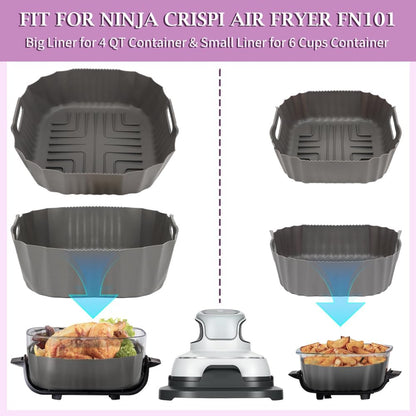 YQL 2PCS Silicone Air Fryer Liners for Ninja Crispi FN101 Air Fryer, Non-Stick Reusable Accessories Basket for Portable Glass Air Fryer, Big Liner for 4 QT Container & Small Liner for 6 Cups Container