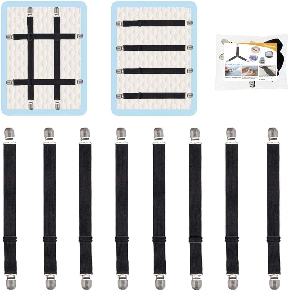 Adjustable Bed Sheet Straps Clips, Elastic Mattress Sheet Fasteners Holder and Suspenders, Grippers to Hold Sheet, Mattress, Sofa, Couch, Table Cloth, Ironing Board Cover, Black