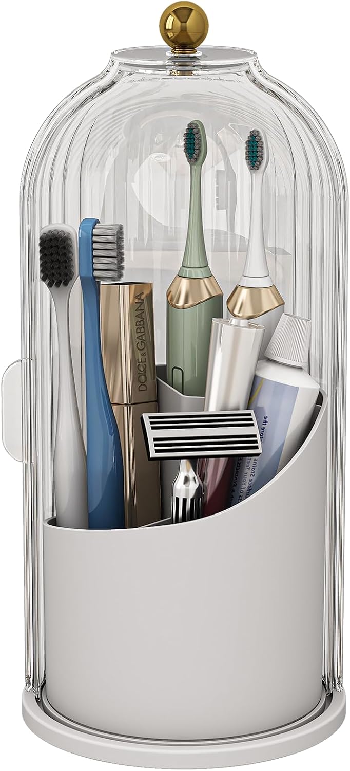 Toothbrush and Toothpaste Holders with Cover, Grey White | Waterproof and Dustproof, 360° Rotating Base, Smooth Sliding Door, 3 Slots, for Bathroom Countertop