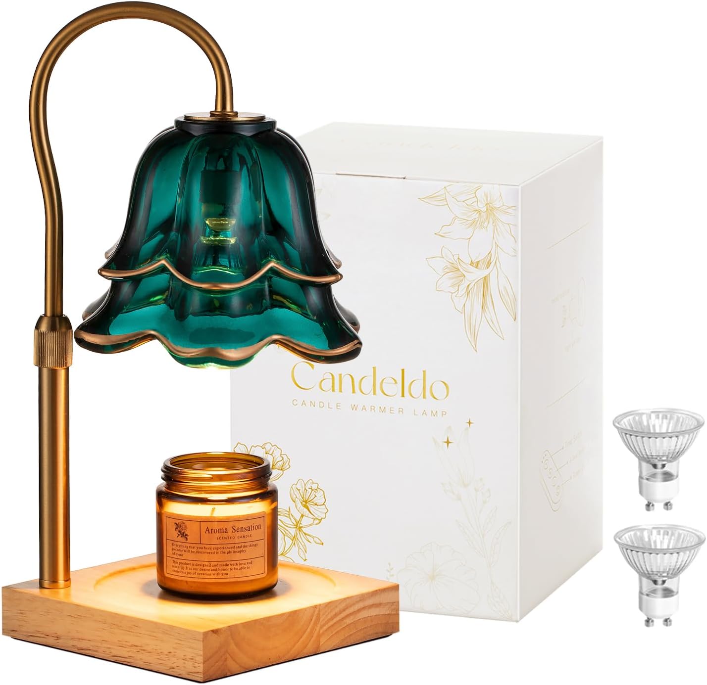 Candeldo Candle Warmer Lamp with Timer, Gold Flower Glass Shade | Height Adjustable, Dimmable, Fits 3-Wick Candles and Wax Melts, Ideal for Bedroom Decor, Birthday Gifts for Women