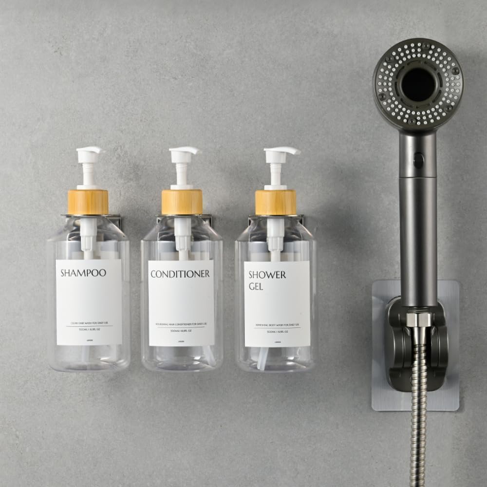 Shampoo and Conditioner Dispenser Set of 3 for Wall Mount | 16.9 fl oz Drill Free Shower Soap Bottles,Refillable Body Wash Dispensers for Bathroom Decor (Amber Bottles + Bamboo Pumps)