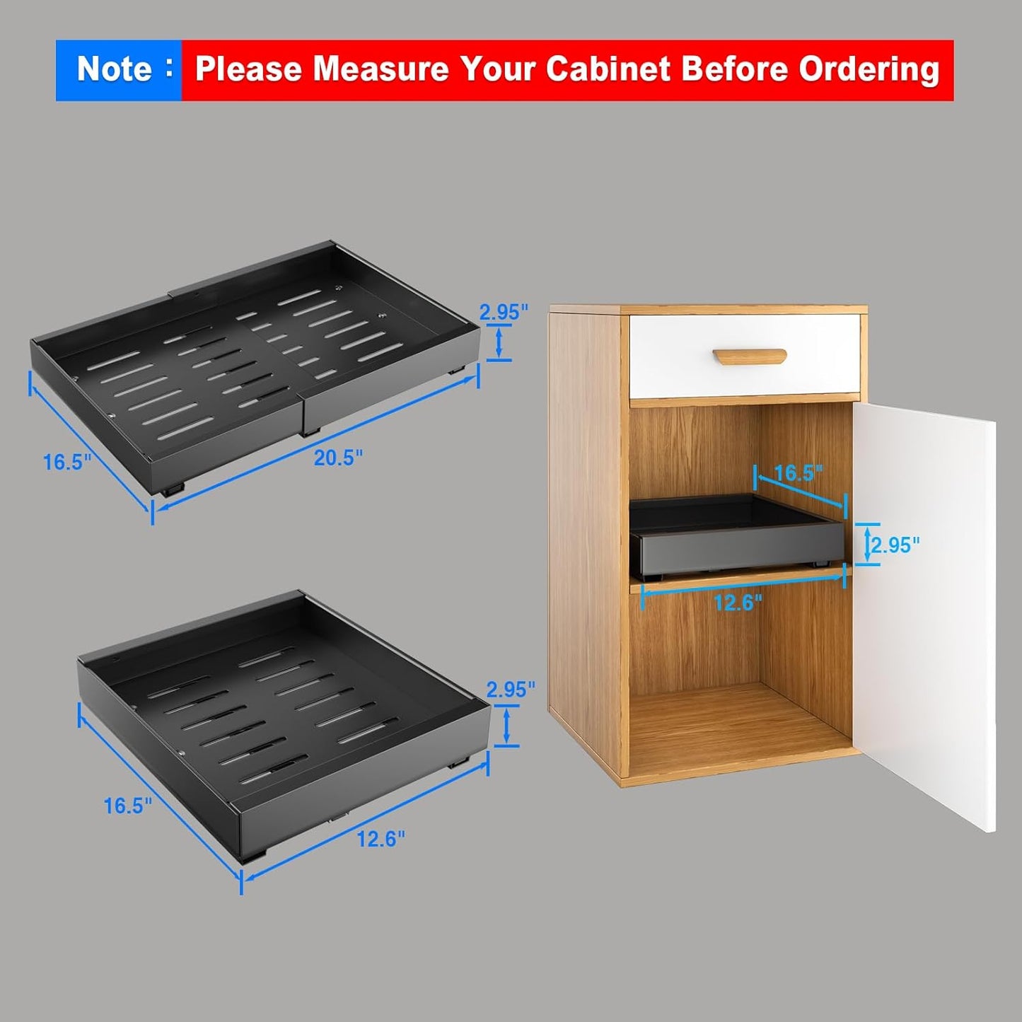 Mustorn 2 Pack Pull Out Cabinet Organizer, Slide Out Drawers for Cabinets, Peel and Stick, Heavy Duty Shelves for Kitchen, Cupboard, Pantry, Bathroom (16.5"D*11.8"W*3.94"H-Black)