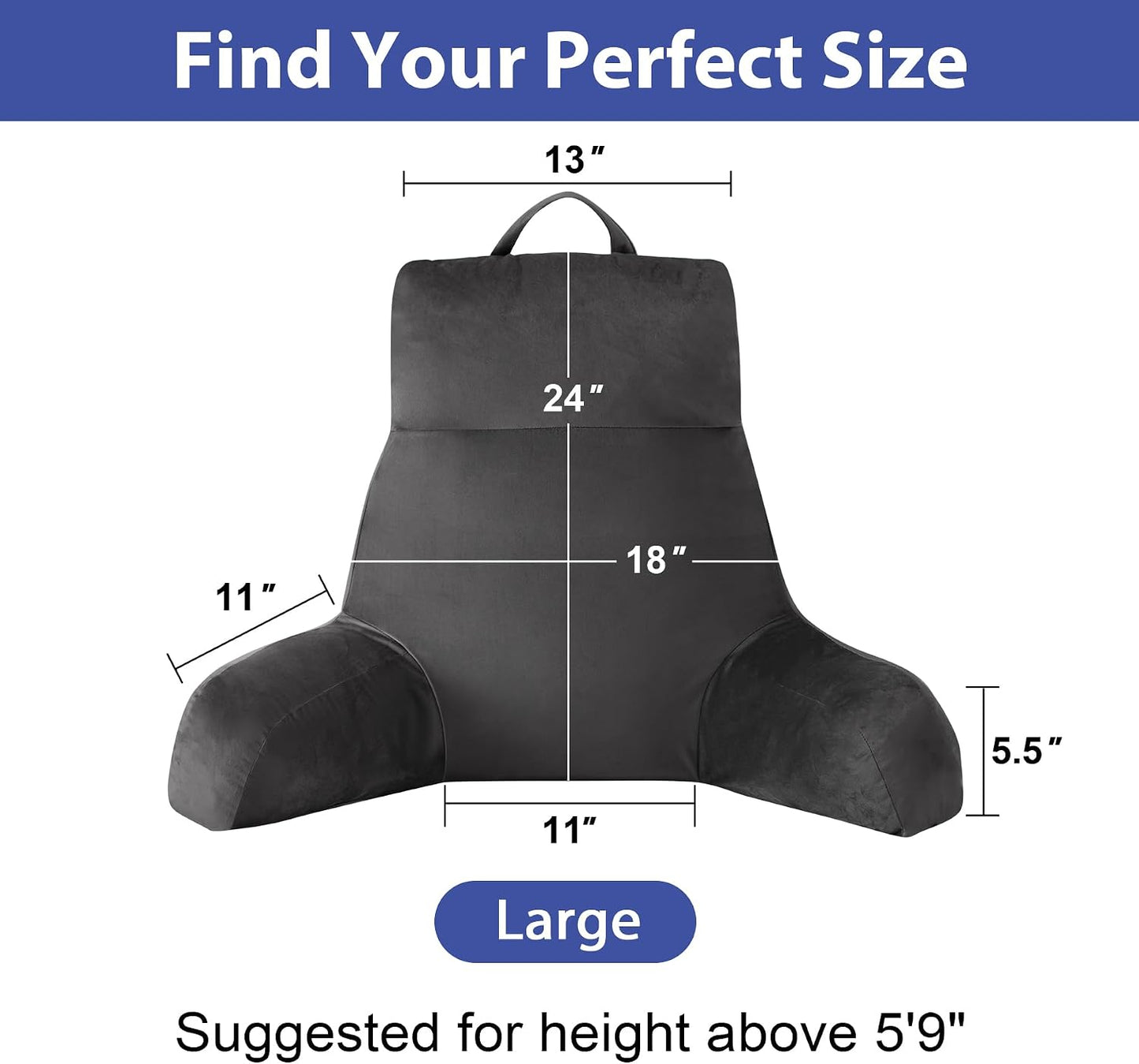 IPYNBAP Back Pillow for Bed Sitting up, Reading Pillow for Sitting in Bed Adult, Back Support Pillow, Memory Foam Sit up Lounge Backrest Pillow with Arms for TV, Couch, Chair, Dorm, 18 Inch, Grey
