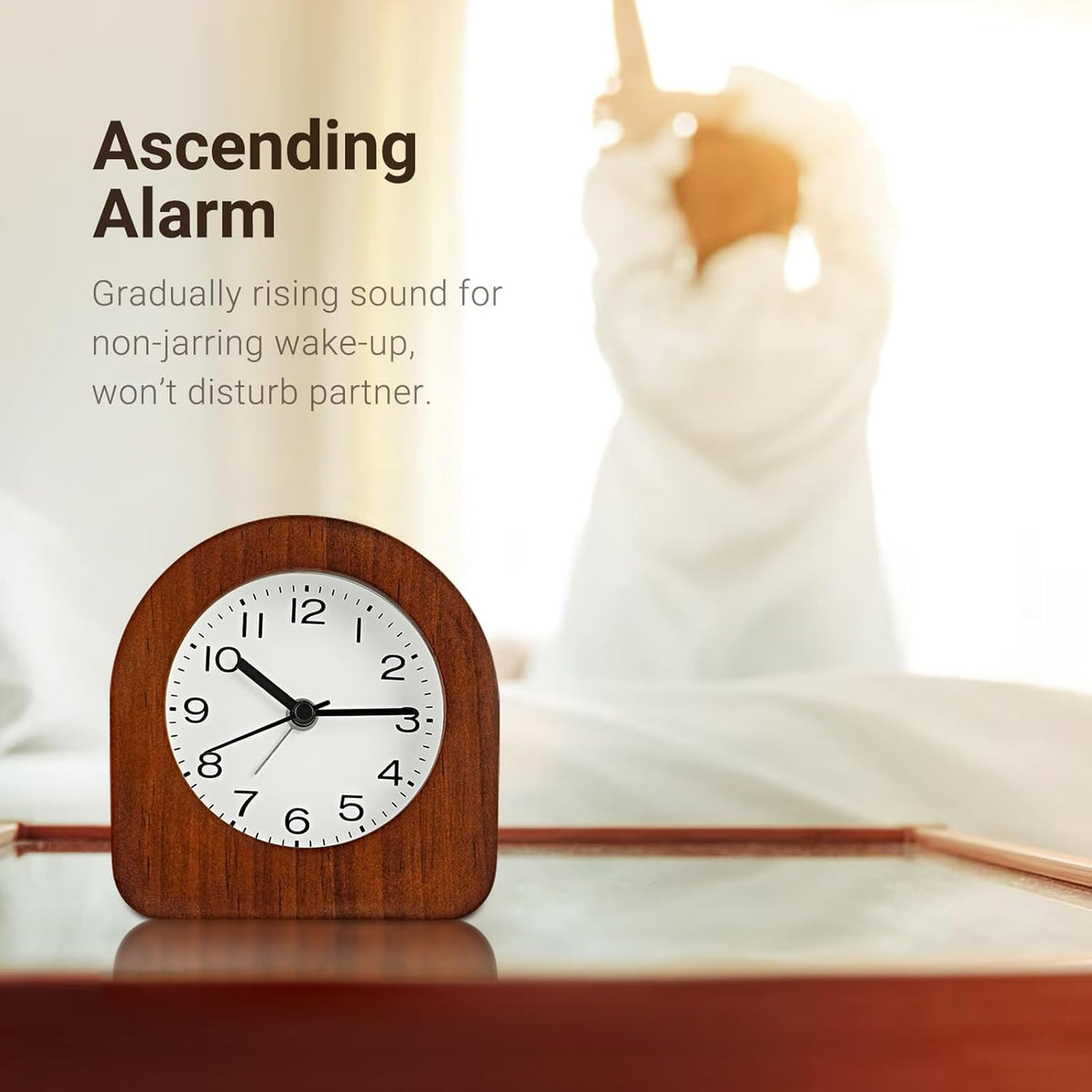 Vintage Solid Wood Analog Alarm Clock, Battery-Operated Alarm Clocks with Non-Disruptive Night Light, Non-Ticking Alarm Clock with Snooze Button and Soft Alarm Tone. (Dark Brown)