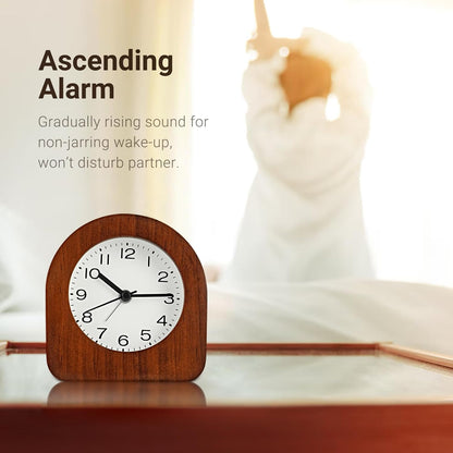 Vintage Solid Wood Analog Alarm Clock, Battery-Operated Alarm Clocks with Non-Disruptive Night Light, Non-Ticking Alarm Clock with Snooze Button and Soft Alarm Tone. (Dark Brown)