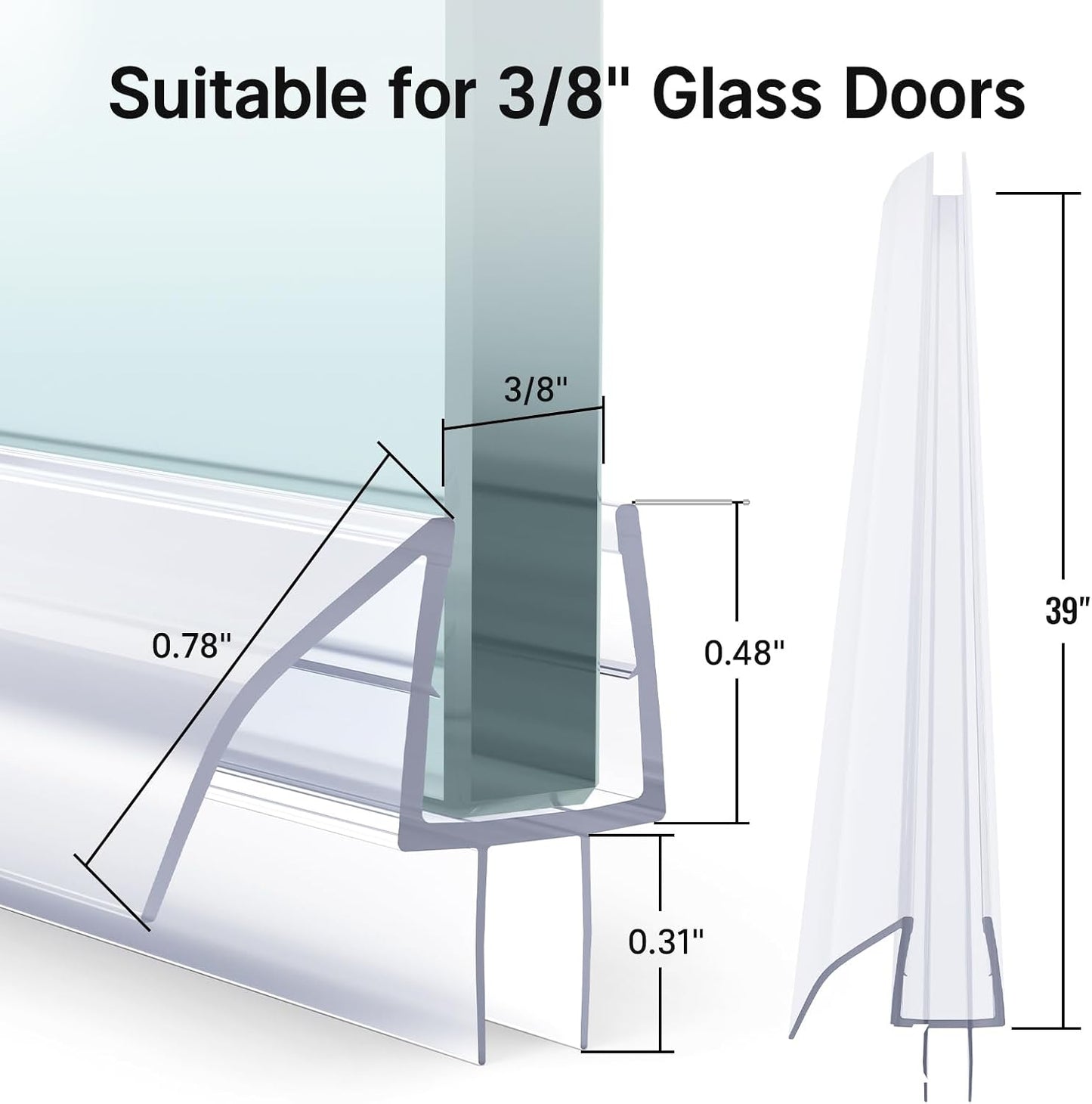AmazerBath Frameless Shower Door Bottom Seal 39 inch (Set of 2) - Clear, Suitable for 3/8 Inch Glass, Modern Style