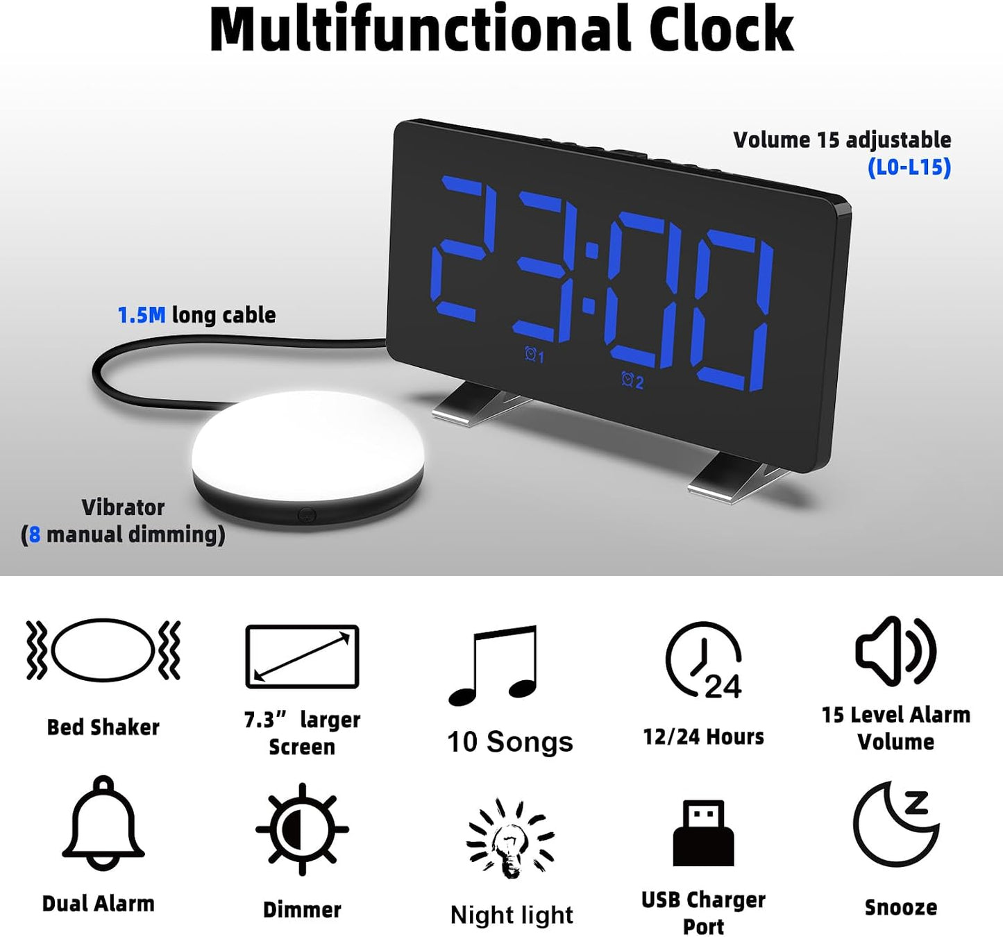 Electronic Vibration Alarm Clock with Super Loud Bed Shaker Memory Function Adjustable Brightness Volume 10 Songs Dual Alarm for Heavy Sleepers Bedroom Desk