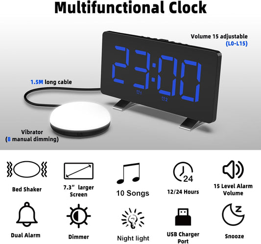 Electronic Vibration Alarm Clock with Super Loud Bed Shaker Memory Function Adjustable Brightness Volume 10 Songs Dual Alarm for Heavy Sleepers Bedroom Desk