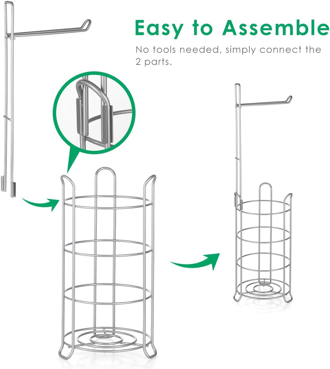 TomCare Toilet Paper Holder Free Standing with Shelf, Stable 4 Raised Feet | Stores 4 Mega Rolls, Tool-Free Assembly, Powder-Coated Metal Frame, Bathroom Storage Organizer for Spare Rolls, Silver