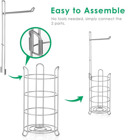 TomCare Toilet Paper Holder Free Standing with Shelf, Stable 4 Raised Feet | Stores 4 Mega Rolls, Tool-Free Assembly, Powder-Coated Metal Frame, Bathroom Storage Organizer for Spare Rolls, Silver