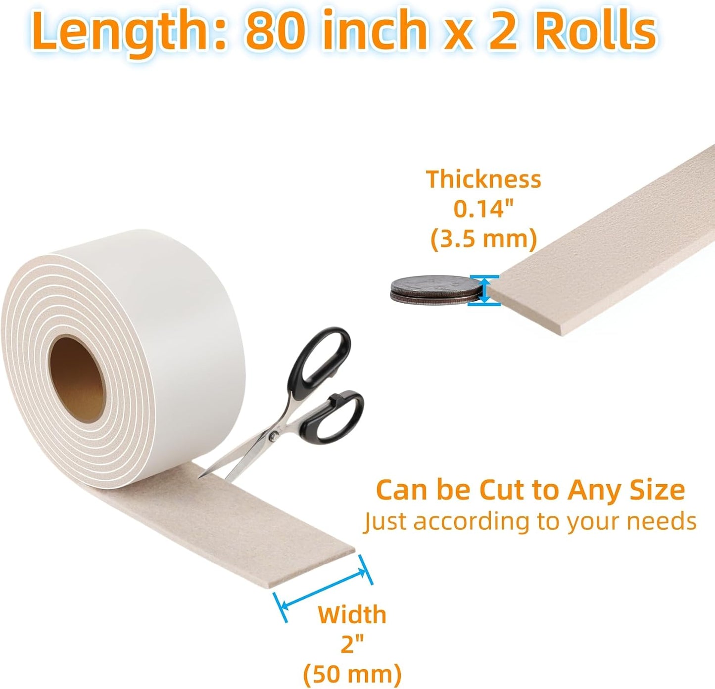 Felt Strips with Adhesive Backing Heavy Duty Cuttable Felt Tape Roll Furniture Pads for Chair Legs - Protecting Hardwood Floors, Chair Wall Protector (Black, 80 x 0.5 x 0.14 Inch)