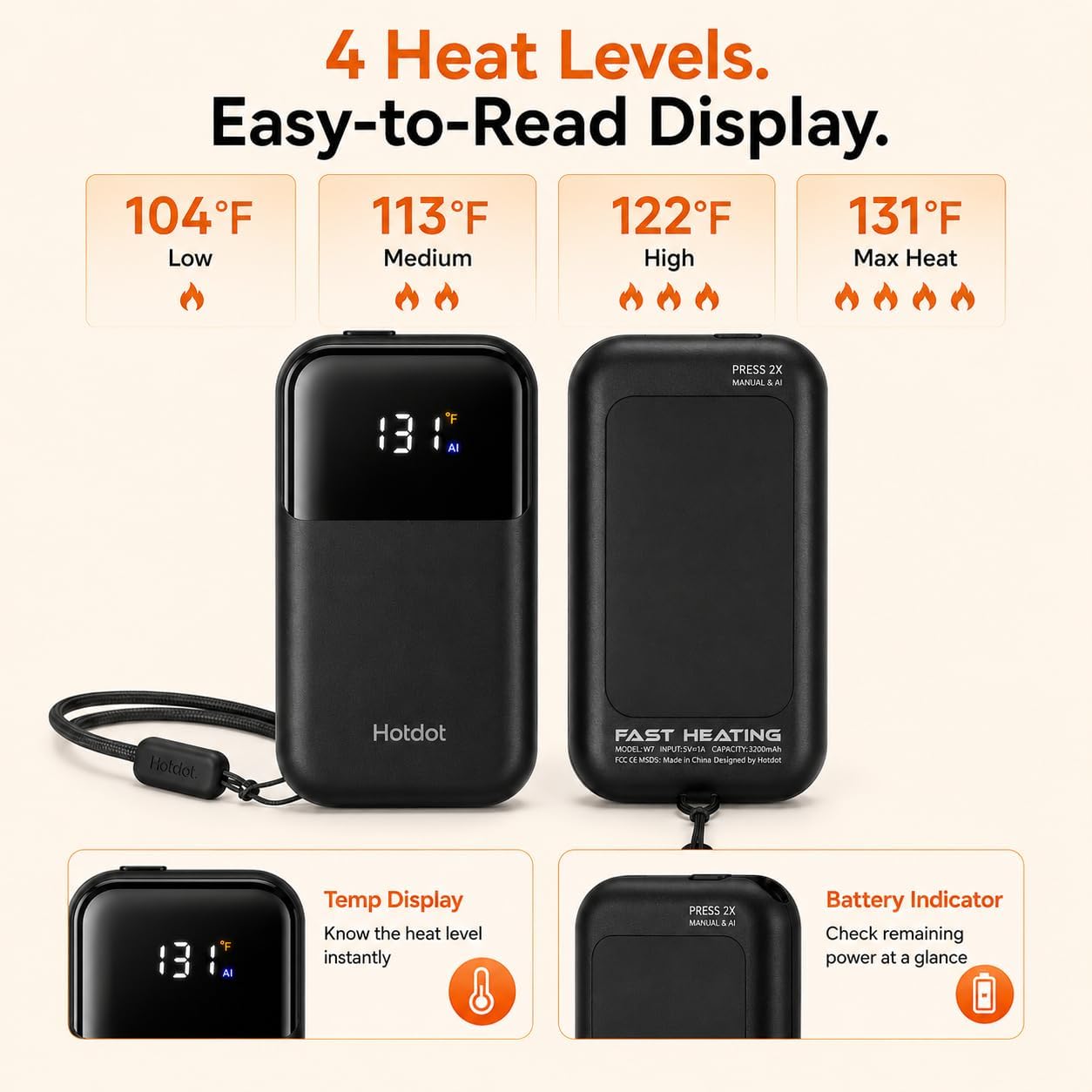 Hand Warmers Rechargeable, Heat Levels (104–131°F), Real-Time Temp & Battery Display, Electric Hand Warmers, Fast Heating, Fits in Gloves/Pocket, Gifts for Women & Men