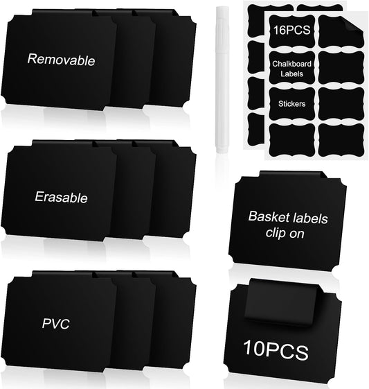 Basket Labels Clip On Set, Storage Bin Label, Clip-On Chalkboard Labels | Including 10 removable bucket label clips, 1 chalk marker, 16 stickers, Storage Bin Label for Basket Tags, Storage Bin Label