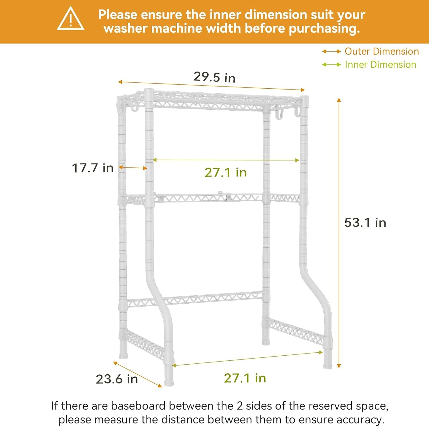 U16 Upgraded Washer Dryer Stacking Rack for Narrow Laundry Room | Metal Over Washer and Dryer Storage Shelves, Laundry Space Saver for Portable Dryer, 29.5"W x 23.6"D x 53.1"H, White