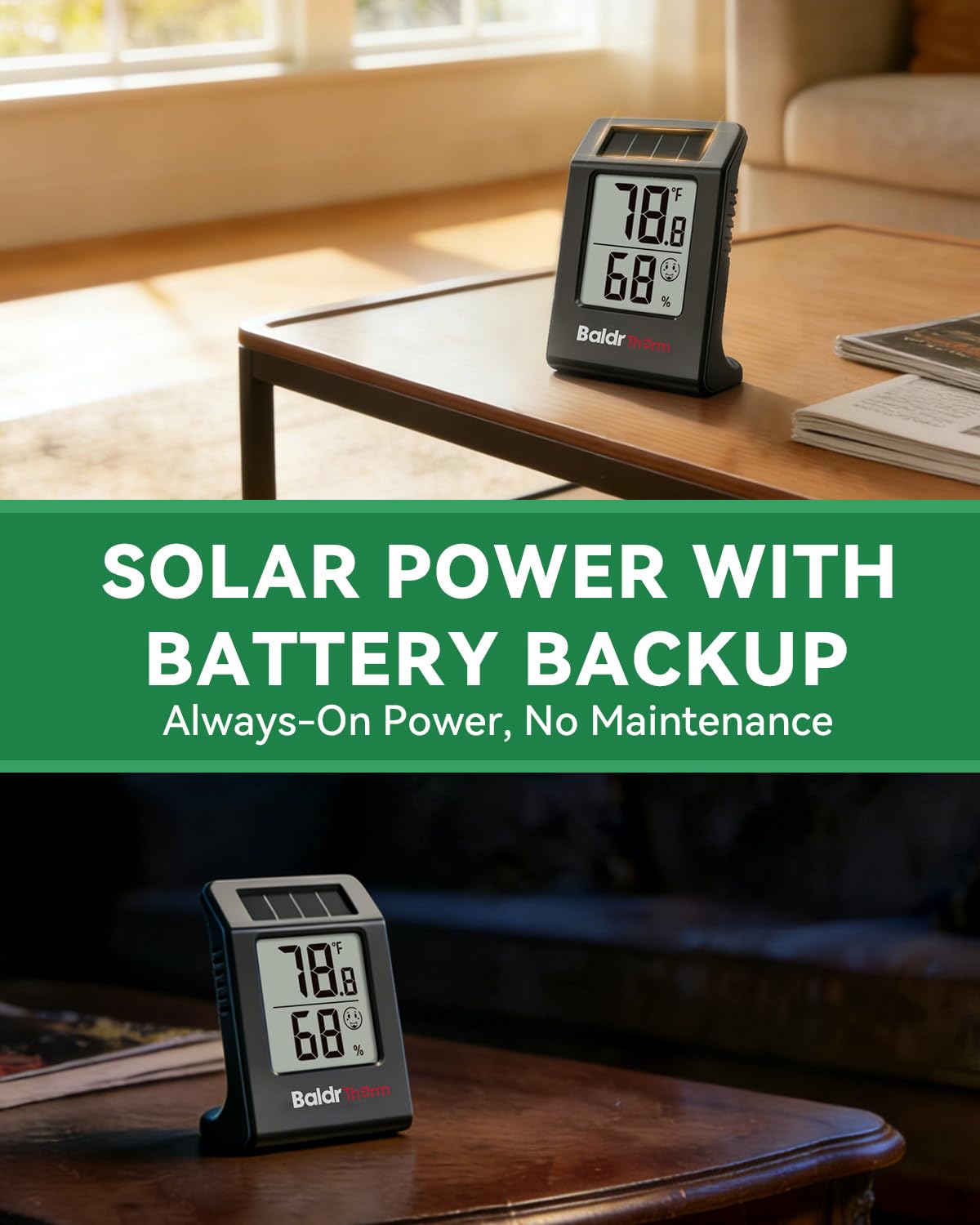 BALDR 4-Pack Digital Hygrometer Thermometer, Solar Humidity Monitor (White) | No Setup Needed,Solar Power with Battery Backup,10s Data Refresh,Comfort Indicator Meter for Home Bedroom Greenhouse Office