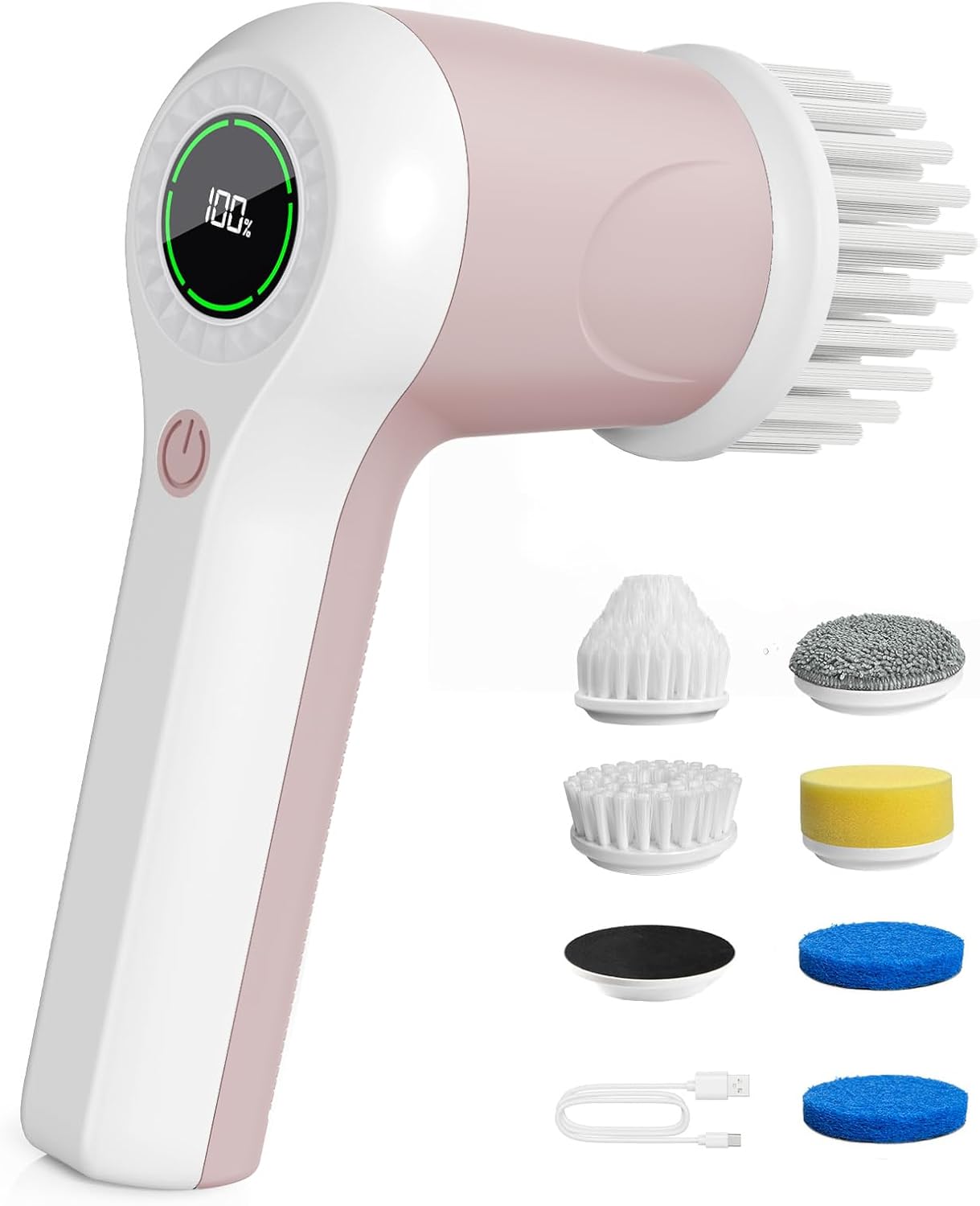PUFTEM Electric Spin Scrubber, Cordless Shower Scrubber | Battery Level Display, Dual Speed, 6 Replaceable Brush Heads, IPX7 Waterproof, Long Runtime, Tub, Tile & Sink Cleaning