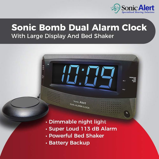 Sonic Alert Dual Extra Loud Alarm Clock with Bed Shaker Sonic Boom Vibrating Alarm Clock for Heavy Sleepers, Battery Backup | Wake with a Shake (Black)