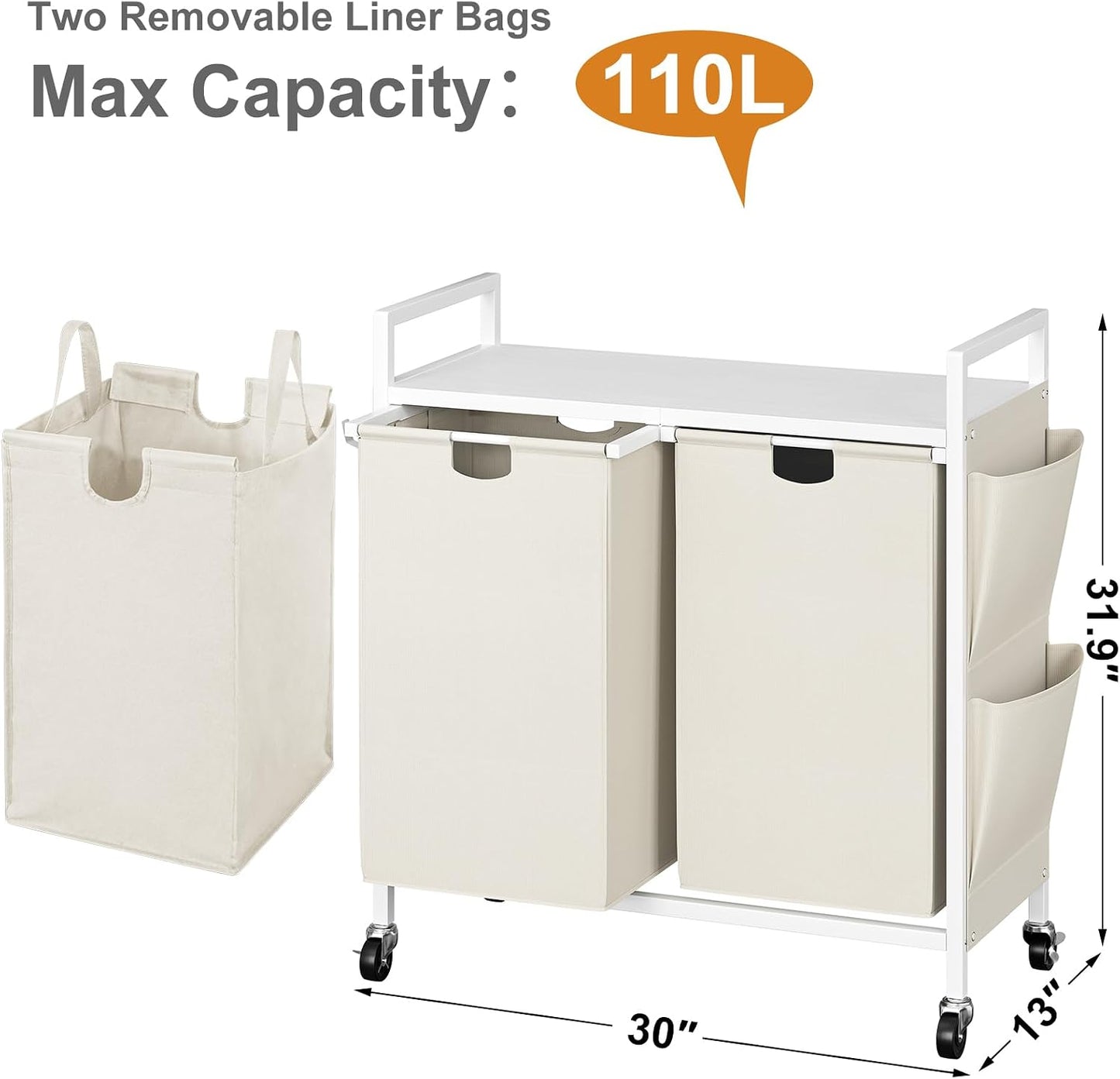 WOWLIVE Double Laundry Hamper with Wheels, Rolling Laundry Basket Organizer | Laundry Hamper 2 section with Lid, Iron-Made Laundry Sorter with Shelf, Removable Bags, Large Clothes Storage, White