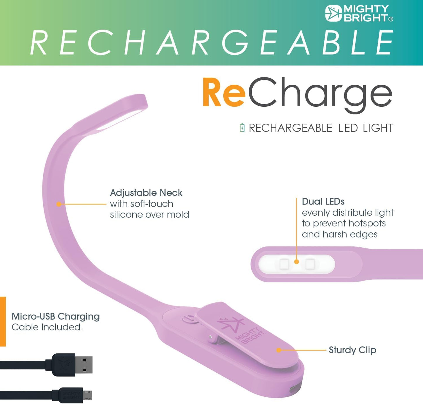 The Original Mighty Bright Recharge Clip On Rechargeable Book Light Reading Light, Warm Eye Care LEDs, Flexible, Durable, Dimmable, Perfect for Kids, Bookworms, Reading in Bed, Lasts 60 Hours (Green)