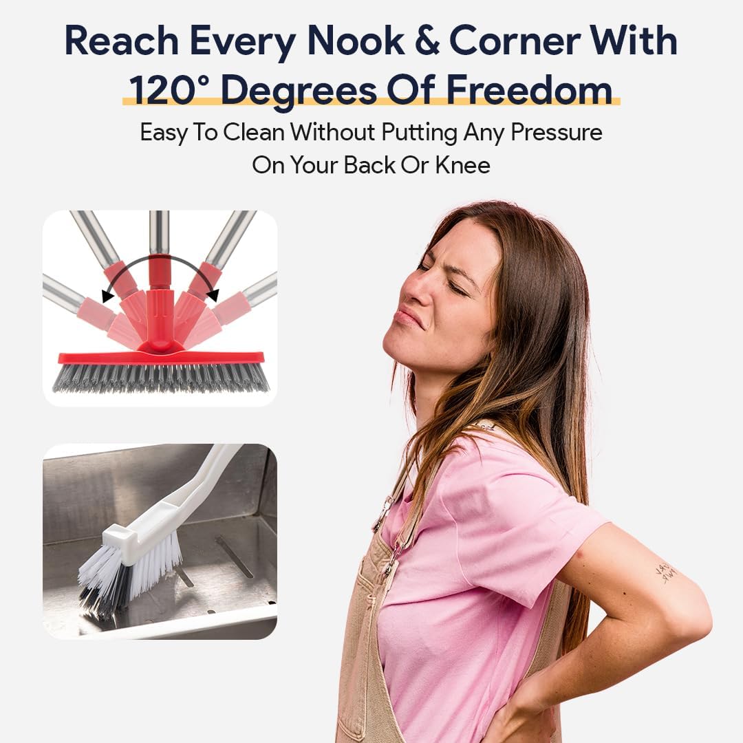 Foxtrot Living Grout Brush with Long Handle and Crevice Cleaning Brush Set | V-shaped, telescopic handle, crevice cleaning included, Grout cleaner for tile floors