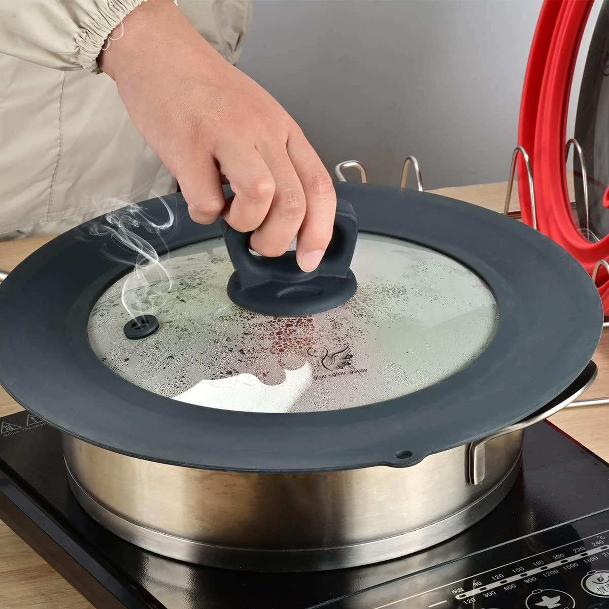 Vented Tempered Glass Universal Lid for Pot Pan Skillet with Heat Resistant Silicone Rim Microwave Splatter Lid Cover Microwave Safe Fit 11.5" 12" 12.5" Cookware, Dishwasher Safe Black