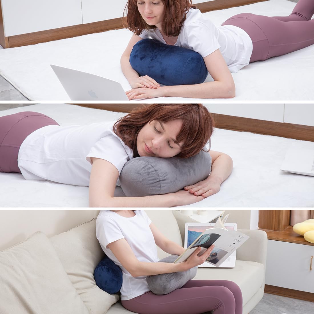 1 MIDDLE ONE Round Cylinder Bolster Pillow with Removable Cooling Cover, Tube Roll Cervical Pillow for Head, Neck, Back and Legs Support, 13"x 6", Grey