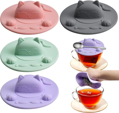 Enenes 4 Pack Silicone Tea Bag Holder and Squeezer, 4 Inch Cat-Shaped Cup Lid Cover for Tea Bags, Reusable Dishwasher Safe Mug Cover for Tea Cups and Coffee Mugs