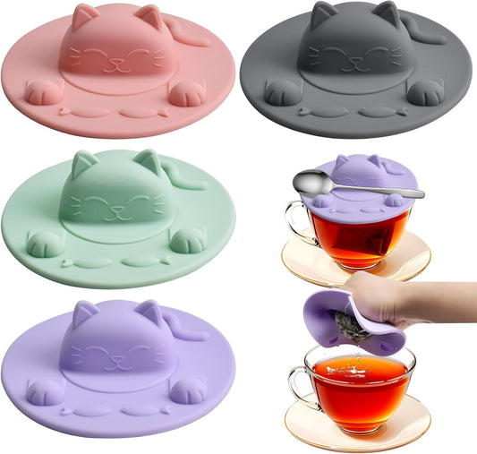 Enenes 4 Pack Silicone Tea Bag Holder and Squeezer, 4 Inch Cat-Shaped Cup Lid Cover for Tea Bags, Reusable Dishwasher Safe Mug Cover for Tea Cups and Coffee Mugs