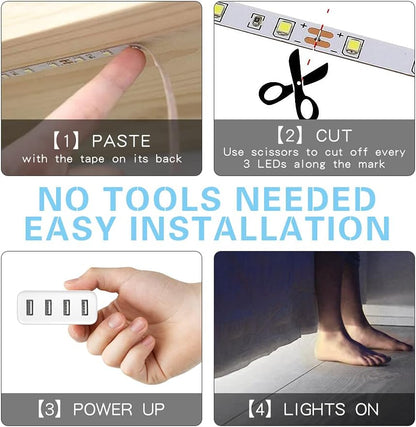 LED Light Strip Motion Sensor, USB Powered, Waterproof Rope Lights 6000K, Day and Night Modes Dimming, Indoor/Outdoor Use, Adhesive Tape 16.4ft