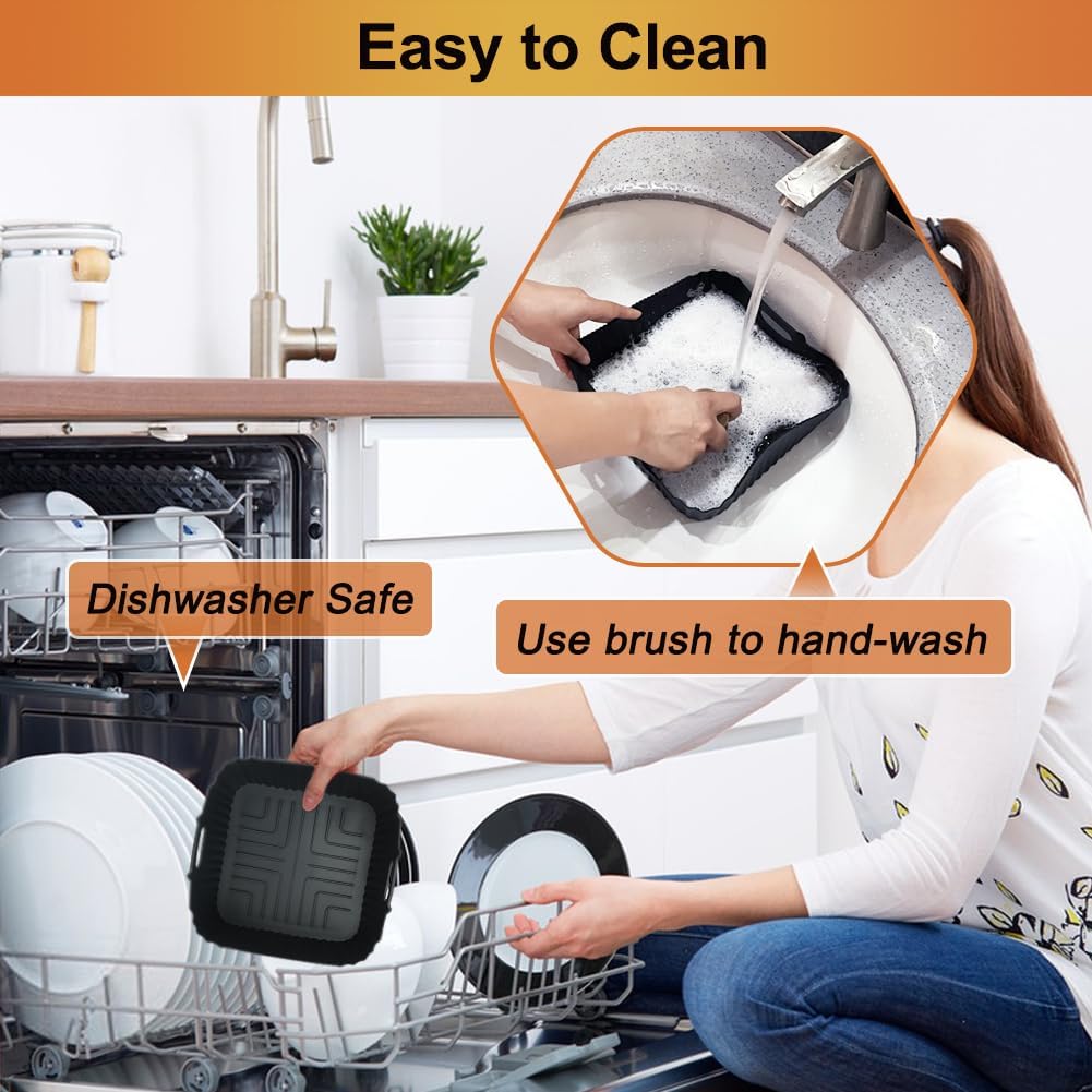 BYKITCHEN 9 Inch Square Silicone Air Fryer Liners for 6 to 8QT, Set of 2, Reusable Silicone Airfryer Tray Insert, Air Fryer Accessories for Corsori 6QT, Ninja Airfryer Pro XL 6.5QT, Gourmia & More