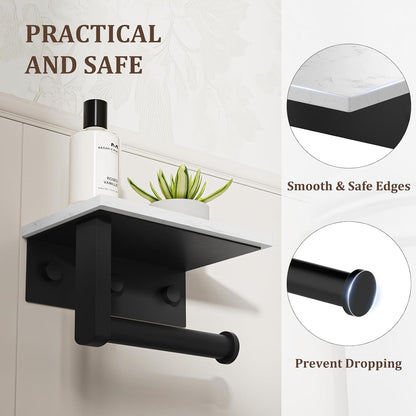 BWE Brushed Gold Toilet Paper Holder with Marble Shelf Wall Mounted | Toilet Paper Roll Holder with Phone Shelf 304 Stainless Steel Tissue Holder for Bathroom Washroom,Saving Space