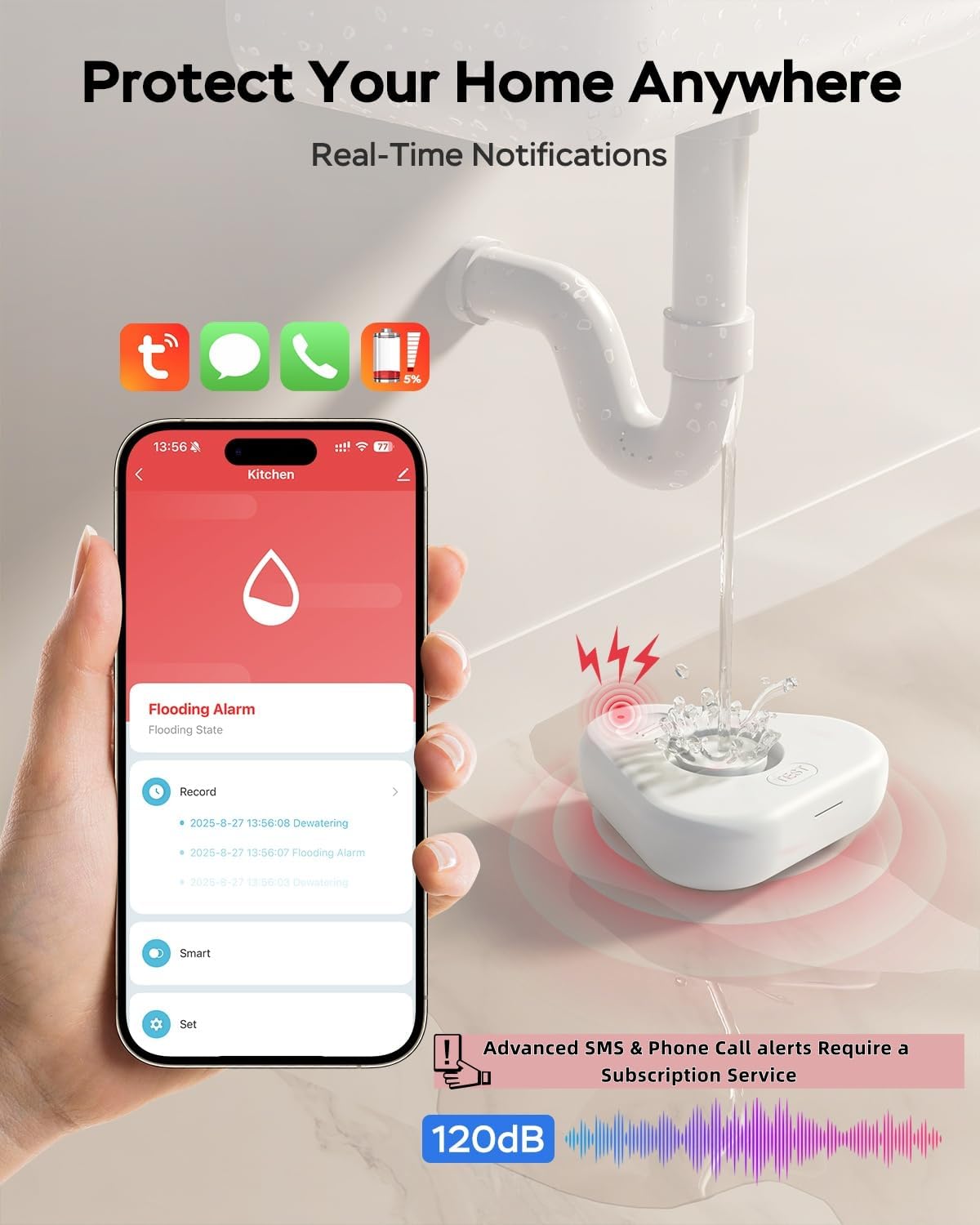 Water Alarm Leak Detector,Water Leak Detectors for Home with App Alerts,Water Sensor Alarm Leak Detector with 120db Adjustable,500ft Transmission for Basement,Bathroom,No Hub Required (Support 2.4G)