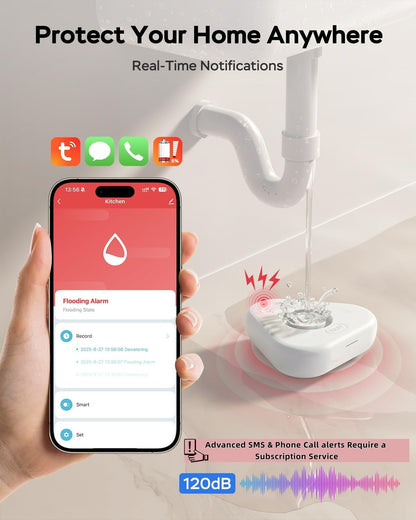Water Alarm Leak Detector,Water Leak Detectors for Home with App Alerts,Water Sensor Alarm Leak Detector with 120db Adjustable,500ft Transmission for Basement,Bathroom,No Hub Required (Support 2.4G)