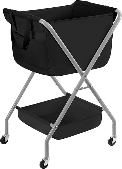 STORAGE MANIAC Collapsible Laundry Cart with Wheels 35.6"H Removable Canvas Bag Rolling Laundry Hamper Clothes Basket with Wheels, Sturdy Steel Frame Folding for Small Narrow Space Easy Storage, Beige