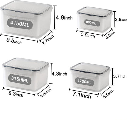 3Pack Fridge Food Storage Container Set with Lids with Strainer, Fruit Vegetable Storage Containers Keep Fruits, Vegetables, Berry, Meat Fresh longer, BPA-Free Plastic Produce Keepers