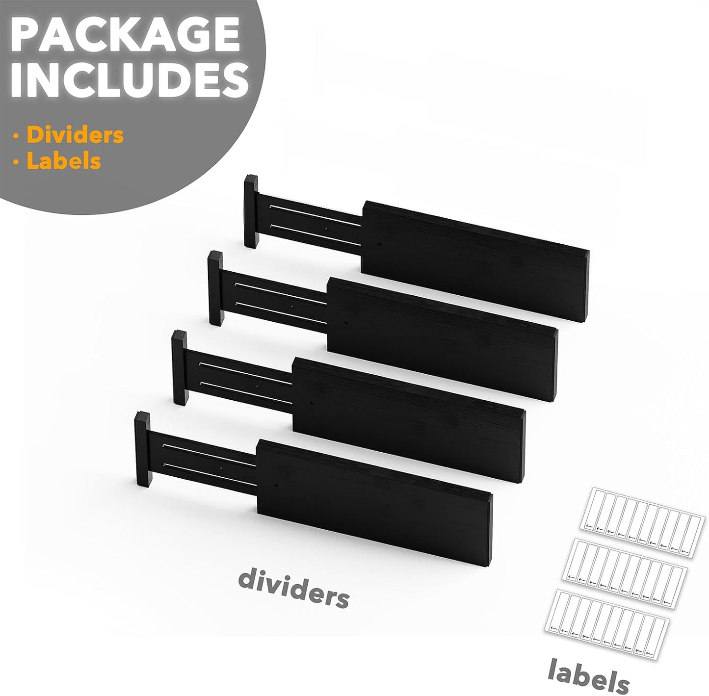 SpaceAid Bamboo 4 Pack Dresser Drawer Dividers, 4.65“ High Adjustable 12.5“-17” Drawer Organizers, Expandable Organization for Clothing, Clothes, Dressers, Black