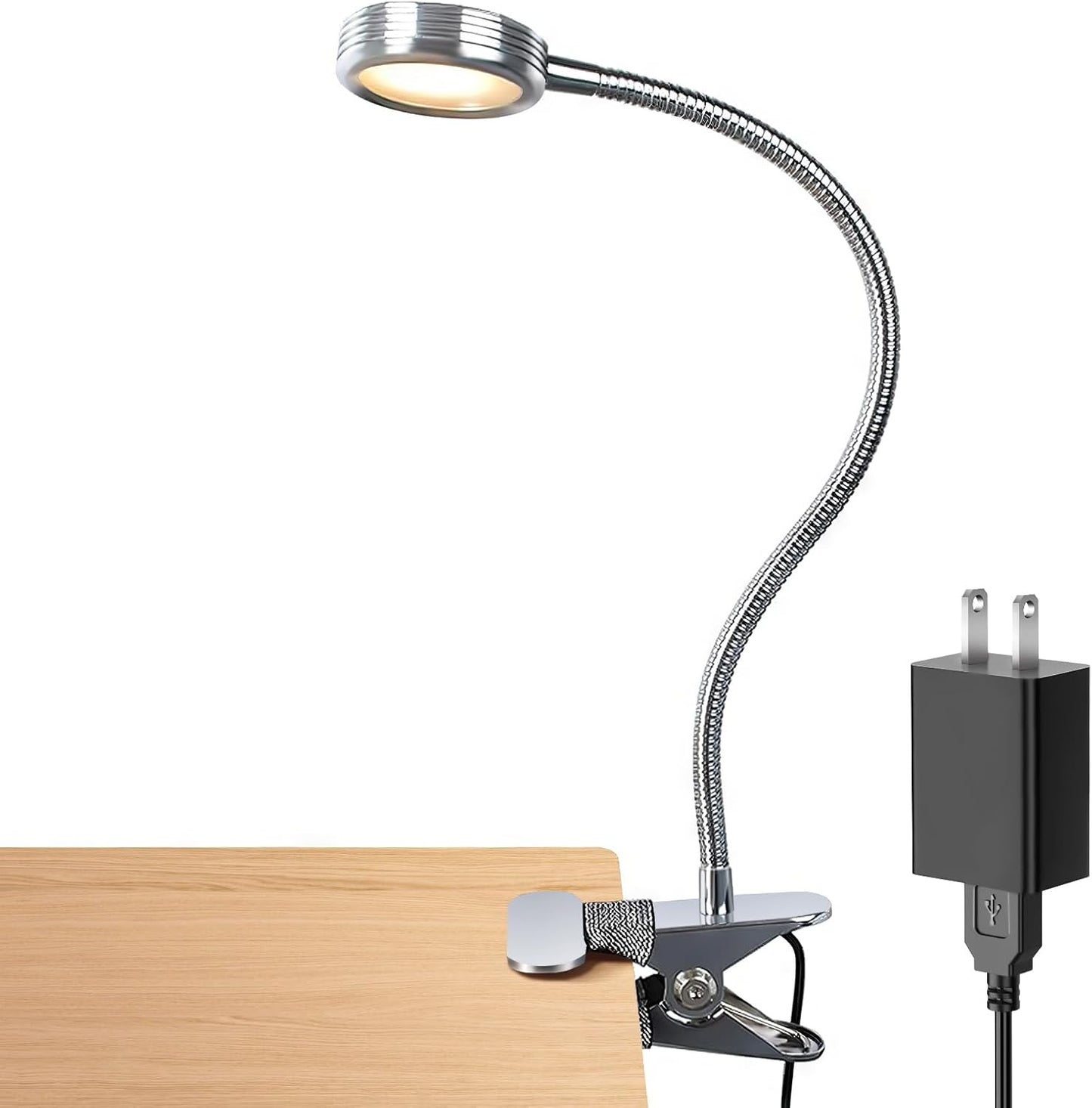 LEPOWER Clip on Light, Book Reading Lamp for Desk, Bed Headboard and Dorm | Adjustable Gooseneck, Color & Brightness Changeable, Adapter Included, LED Table Lamp for Computer, Bedside, Metal, White