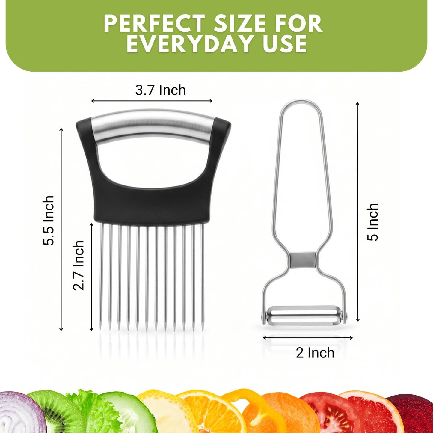 Onion Holder for Slicing, Stainless Steel Onion Cutting Guide with Finger Protector – Vegetable Prep Tool with Bonus Peeler for Safe, Even Slices