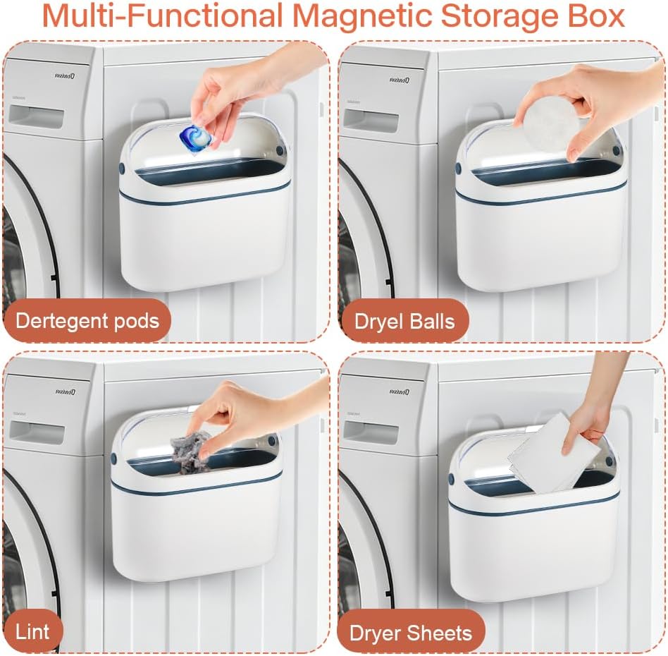 Picowe Magnetic Lint Bin for Laundry Room, Dryer Lint Trash Can with Brush, Semi-View Flip-Top Lid, Magnetic Wall Mount Trash Bin for Dryer/Washing Machine, Space-Saving Laundry Room Organizer (Blue)