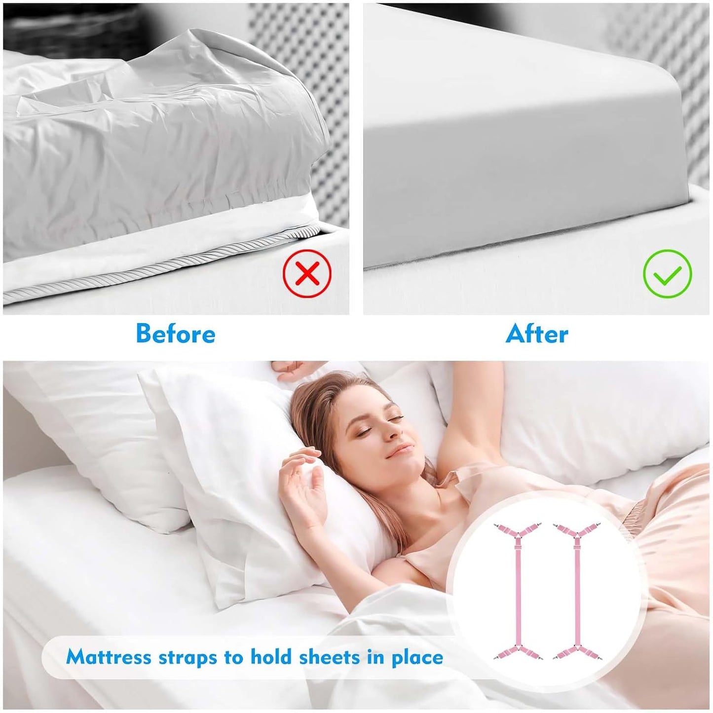 Bed Sheet Straps, 2Pcs Elastic Adjustable Bed Sheet Holder Straps, Fitted Sheet Straps to Hold Sheets in Place with Metal Clips, Sheet Holders for Mattress Cover, Sheet, Sofa Cushion (Black)
