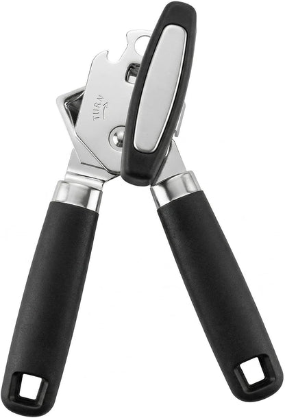 Heavy Duty Manual Can Opener, Stainless Steel, Black | 2-In-1 Can & Bottle Opener, Smooth Edge Sharp Cutting, Soft Oversized Handle, Easy Clean, Multifunctional Kitchen Tool
