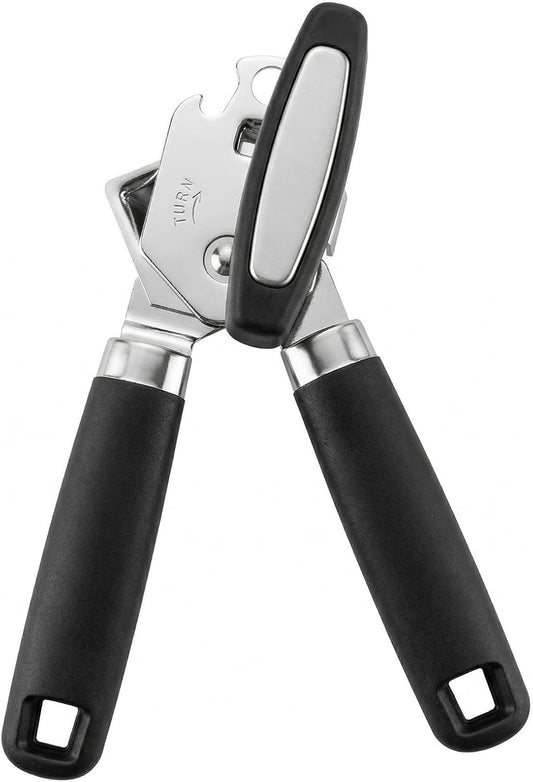 Heavy Duty Manual Can Opener, Stainless Steel, Black | 2-In-1 Can & Bottle Opener, Smooth Edge Sharp Cutting, Soft Oversized Handle, Easy Clean, Multifunctional Kitchen Tool