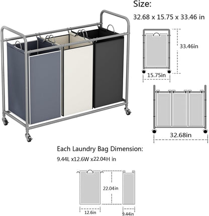 LINZINAR 3 Section Laundry Hamper, Black Laundry Basket 135L Laundry Sorter | Laundry Room Organization with Heavy Duty Rolling Lockable Wheels and Removable Bag, Bedroom Laundry Cart for Clothes Storage