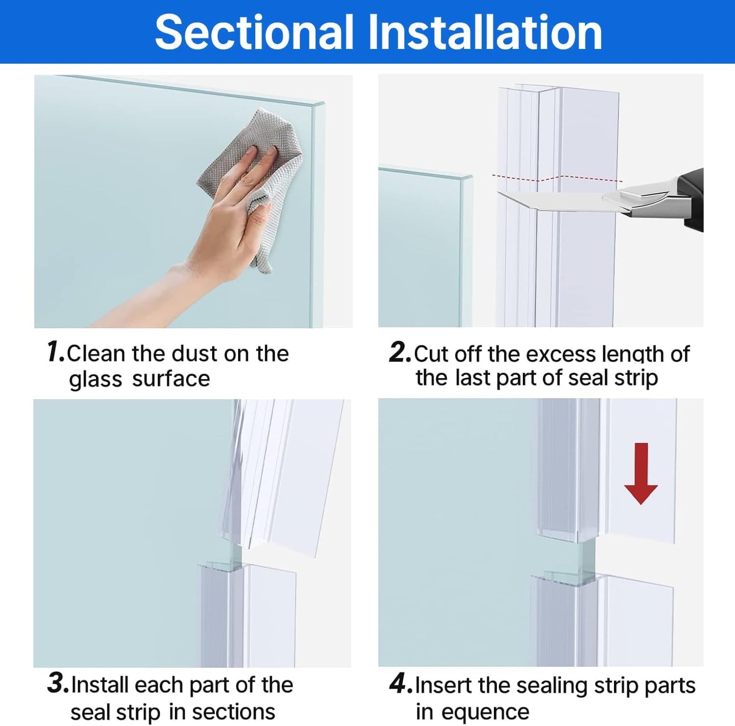3 PCS Frameless Shower Door Bottom Seal 1/4 Inch Glass (15.75 in x 3),3 Section Segmented Installation Kit,Glass Shower Door Seal Strip Bottom,Weather Stripping Sweep Leak Water Guard