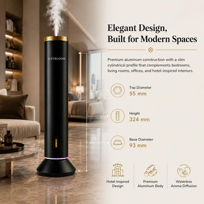 JUSTBLOOM Hotel Essential Oil Diffuser, Waterless Fragrance Diffuser | Up to 4000 Sq Ft: Smart App Control, Cold Air Diffusion, ,360° Ambient Light, Auto Shut-Off, Premium Aluminum Design